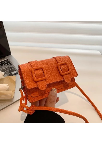 Turuncu Tarzı Mini Küçük Askılı Çanta Kadın Kız Zincir Çanta Pu Deri Tasarım Çantalar Bayanlar Retro Kemer Tokası Crossbody Çanta (Yurt Dışından)