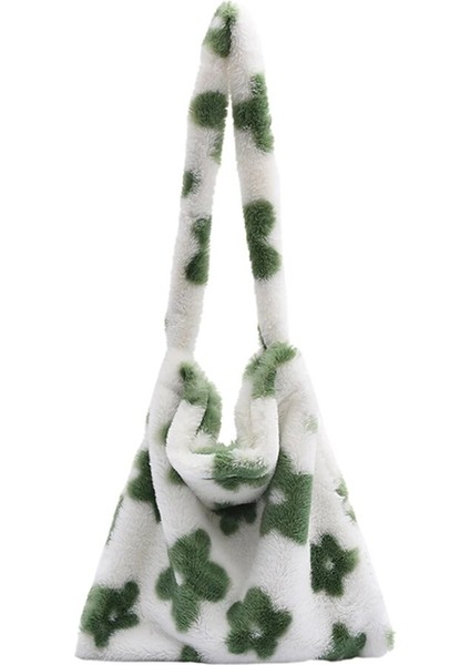 Yeşil Stil Retro Leopar Baskı Çanta Womeoft Peluş Omuz Çantaları Kadın Büyük Kapasiteli Seyahat Çantası Kış Sıcak Kabarık Tote (Yurt Dışından)