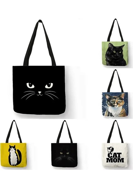 No.11 Tarzı 23-27CM Siyah Kedi Baskı Hayvan Sanat Resim Alışveriş El Çantası Kadın Omuz Çantası Eko Büyük Grafik Tote Alışveriş Çantası Butik Için (Yurt Dışından) indirimleri