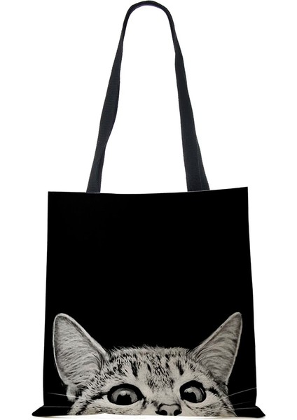 No.7 Tarzı Bayan Tasarımcı Bez Çantalar Sumi Siyah Kedi Baskılı Keten Kumaş Eko Çanta Alışveriş Ofisi Yeniden Kullanılabilir Rahat Omuz Çantası (Yurt Dışından)