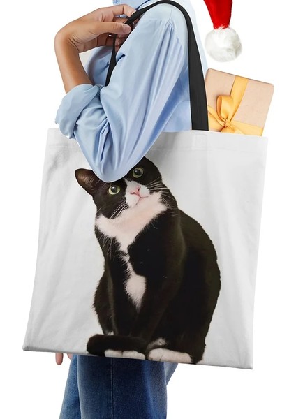 No.7 Tarzı Bayan Tasarımcı Bez Çantalar Sumi Siyah Kedi Baskılı Keten Kumaş Eko Çanta Alışveriş Ofisi Yeniden Kullanılabilir Rahat Omuz Çantası (Yurt Dışından) fırsatları