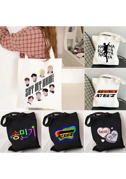 No.2 Tarzı 35X40CM Ateez Mektup Baskı Kore Tarzı Kpop Harajuku Adımı Söyle Moda Kız Alışveriş Kanvas Tote Çanta Shopper Büyük Omuz Çanta (Yurt Dışından) fiyatları