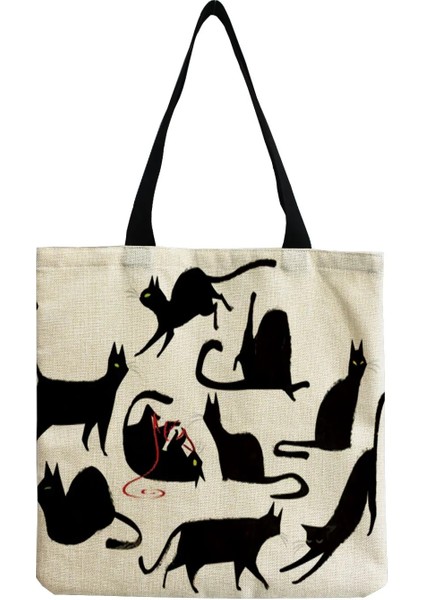 No.6 Stili 40X25CM Sevimli Karikatür Hayvan Kedi Baskı Çanta Açık Çevre Dostu Kadın Omuz Çantası Yüksek Kapasiteli Taşınabilir Bayan Alışveriş Çantası Plaj Çantası (Yurt Dışından)