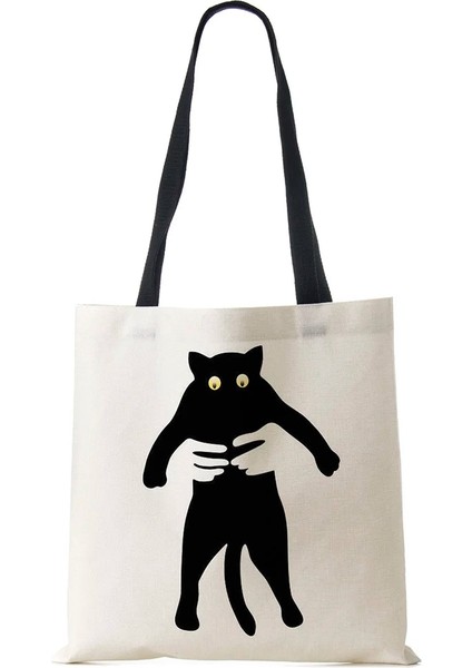 No.6 Stili Bayan Tasarımcı Bez Çantalar Sumi Siyah Kedi Baskılı Keten Kumaş Eko Çanta Alışveriş Ofisi Yeniden Kullanılabilir Rahat Omuz Çantası (Yurt Dışından)