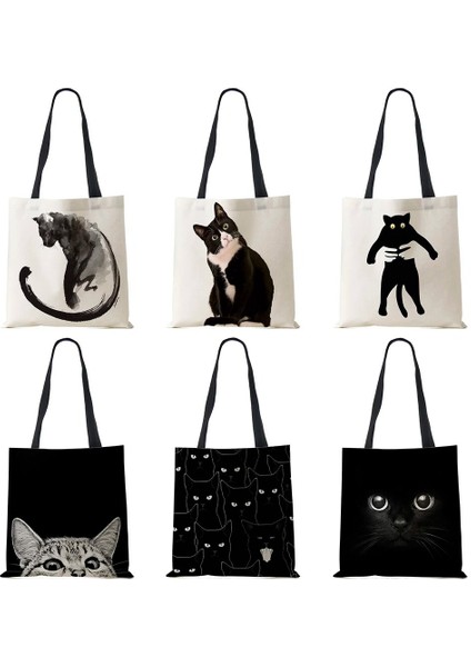No.6 Stili Bayan Tasarımcı Bez Çantalar Sumi Siyah Kedi Baskılı Keten Kumaş Eko Çanta Alışveriş Ofisi Yeniden Kullanılabilir Rahat Omuz Çantası (Yurt Dışından) modelleri