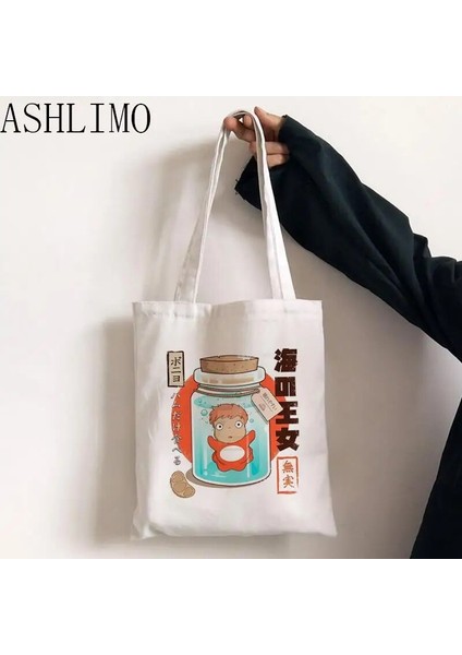 G615 Tarzı Karikatür Sevimli Ponyo On The Cliff Tote Çanta Unisex Anime Sosuke Kanvas Çanta Hayao Miyazaki Alışveriş Çantaları Baskılı Rahat Omuz Çantası (Yurt Dışından) fırsatları