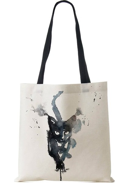 No.1 Stili Bayan Tasarımcı Bez Çantalar Sumi Siyah Kedi Baskılı Keten Kumaş Eko Çanta Alışveriş Ofisi Yeniden Kullanılabilir Rahat Omuz Çantası (Yurt Dışından)