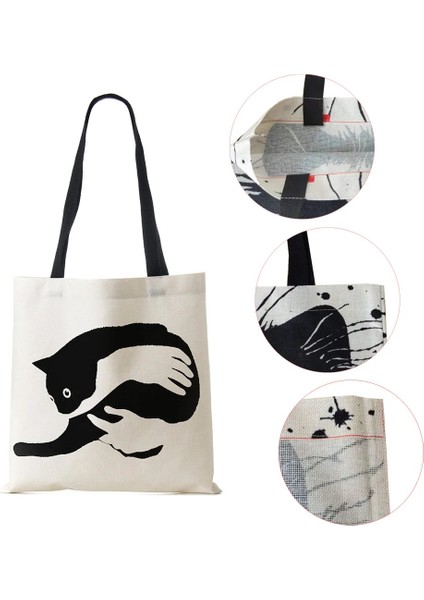 No.1 Stili Bayan Tasarımcı Bez Çantalar Sumi Siyah Kedi Baskılı Keten Kumaş Eko Çanta Alışveriş Ofisi Yeniden Kullanılabilir Rahat Omuz Çantası (Yurt Dışından) fiyatları