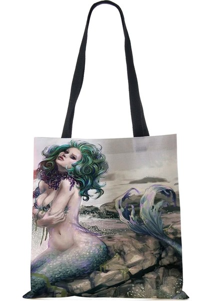 No.2 Tarzı Denizkızı Baskı Tote Omuz Çantası Kadınlar Için Alışveriş Yeniden Kullanılabilir Çanta Büyük Seyahat Okul Plaj Çantaları (Yurt Dışından)