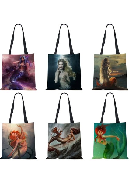 No.2 Tarzı Denizkızı Baskı Tote Omuz Çantası Kadınlar Için Alışveriş Yeniden Kullanılabilir Çanta Büyük Seyahat Okul Plaj Çantaları (Yurt Dışından) fiyatları