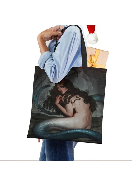 No.2 Tarzı Denizkızı Baskı Tote Omuz Çantası Kadınlar Için Alışveriş Yeniden Kullanılabilir Çanta Büyük Seyahat Okul Plaj Çantaları (Yurt Dışından) modelleri