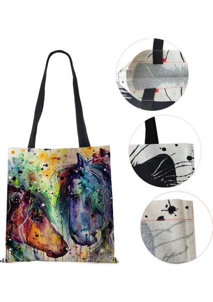 No.5 Tarzı Kadın Kanvas Omuz Çantası Alışveriş Rahat Bakkal Çanta Baskı At Vintage Büyük Kapasiteli Tote Kitap Çantası (Yurt Dışından) modelleri