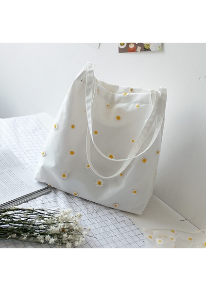 Bej Tarzı Wome Kızlar Için Küçük Kanvas Tote Çanta Shopper Tasarımcı Çanta Papatya Tığ Sevimli Örgü Omuz Çantaları ile Rahat Nakış (Yurt Dışından) fiyatları