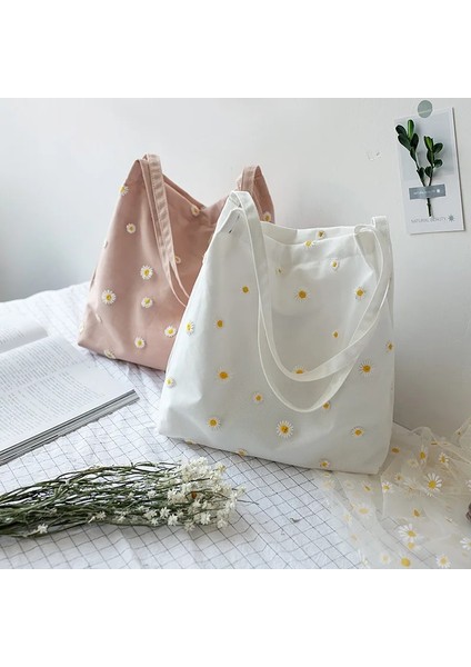 Bej Tarzı Wome Kızlar Için Küçük Kanvas Tote Çanta Shopper Tasarımcı Çanta Papatya Tığ Sevimli Örgü Omuz Çantaları ile Rahat Nakış (Yurt Dışından) modelleri