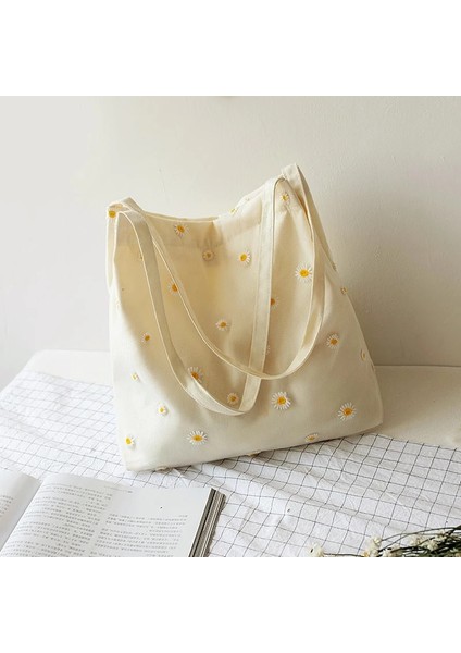 Bej Tarzı Wome Kızlar Için Küçük Kanvas Tote Çanta Shopper Tasarımcı Çanta Papatya Tığ Sevimli Örgü Omuz Çantaları ile Rahat Nakış (Yurt Dışından) fırsatları