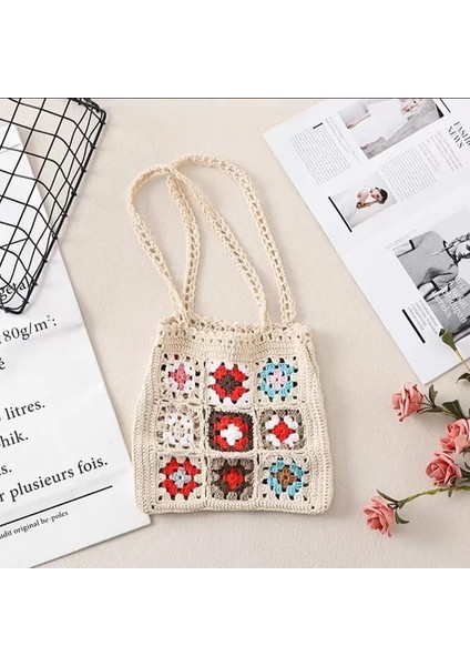 Kayısı Tarzı Kadın Boho Dokuma Tote Yaz Plaj Çanta Çiçek El Yapımı Dokuma Omuz Çantaları El Tığ Işi Çanta Çiçek Dikiş Alışveriş Çantası (Yurt Dışından)