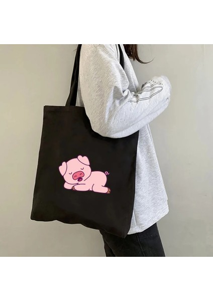 B85 Tarzı 35X40CM Kawaii Güzel Pembe Domuz Sevimli Hayvan Aşk Kalp Kadın Alışveriş Kanvas Omuzdan Askili Çanta Saklama Çanta Katlanabilir Bakkal Pamuk Tote (Yurt Dışından)