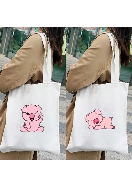 B85 Tarzı 35X40CM Kawaii Güzel Pembe Domuz Sevimli Hayvan Aşk Kalp Kadın Alışveriş Kanvas Omuzdan Askili Çanta Saklama Çanta Katlanabilir Bakkal Pamuk Tote (Yurt Dışından) modelleri