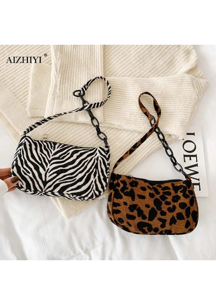 Siyah Stil Vintage Leopar Zebra Desen Koltuk Altı Çanta Kadın Kumaş Zincir Omuz Çantaları Akşam Parti Çanta Manşonlar Çanta (Yurt Dışından)