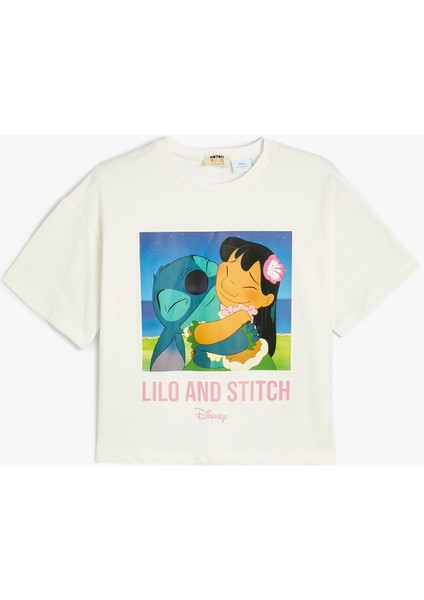 Stitch Crop Tişört Lisanslı Kısa Kollu Bisiklet Yaka Pamuklu
