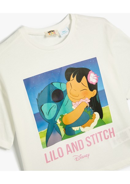 Stitch Crop Tişört Lisanslı Kısa Kollu Bisiklet Yaka Pamuklu