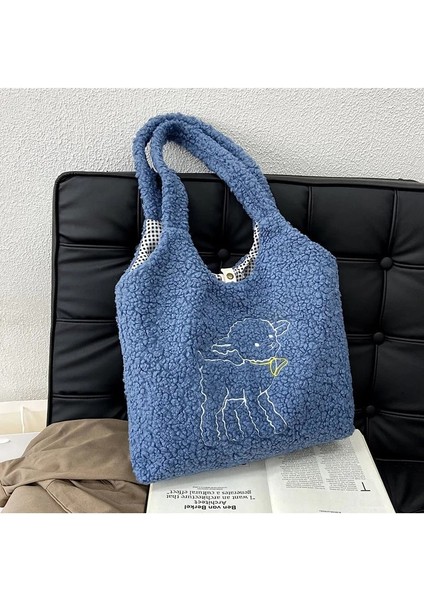 Mavi Stil Kadın Yumuşak Peluş Tote Çanta Basit Sıcak Pamuklu Kumaş Alışveriş Çantaları Yeniden Kullanılabilir Nakış Koyun Çanta Omuzdan Askili Çanta Kızlar Okul Çantası (Yurt Dışından)