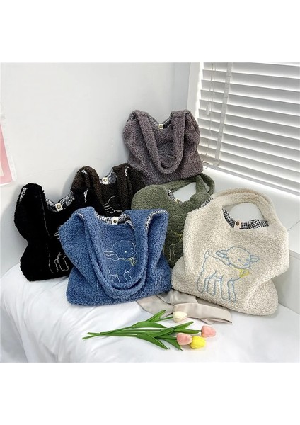 Mavi Stil Kadın Yumuşak Peluş Tote Çanta Basit Sıcak Pamuklu Kumaş Alışveriş Çantaları Yeniden Kullanılabilir Nakış Koyun Çanta Omuzdan Askili Çanta Kızlar Okul Çantası (Yurt Dışından) fiyatları