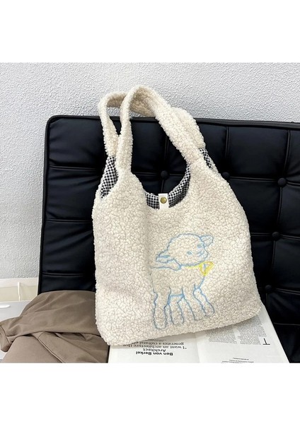 Mavi Stil Kadın Yumuşak Peluş Tote Çanta Basit Sıcak Pamuklu Kumaş Alışveriş Çantaları Yeniden Kullanılabilir Nakış Koyun Çanta Omuzdan Askili Çanta Kızlar Okul Çantası (Yurt Dışından) modelleri