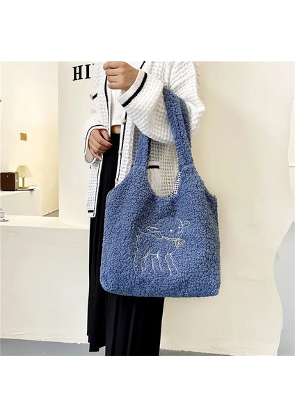 Mavi Stil Kadın Yumuşak Peluş Tote Çanta Basit Sıcak Pamuklu Kumaş Alışveriş Çantaları Yeniden Kullanılabilir Nakış Koyun Çanta Omuzdan Askili Çanta Kızlar Okul Çantası (Yurt Dışından) fırsatları