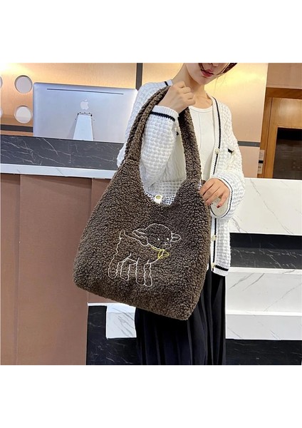 Mavi Stil Kadın Yumuşak Peluş Tote Çanta Basit Sıcak Pamuklu Kumaş Alışveriş Çantaları Yeniden Kullanılabilir Nakış Koyun Çanta Omuzdan Askili Çanta Kızlar Okul Çantası (Yurt Dışından) indirimleri