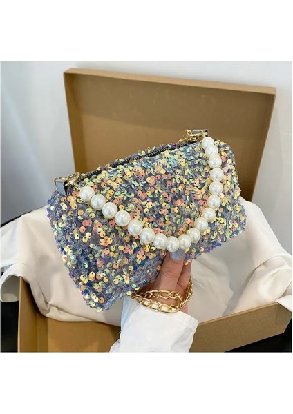 Gri Tarzı 19X10X10CM Moda Kadın Inci Payetler Silindir Çanta Zincir Çanta Düz Renk Bayanlar El Çantaları Crossbody Tote Kadınlar Için Alışveriş Seyahat (Yurt Dışından)