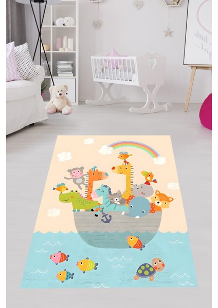 Denizdeki Sevimli Hayvanlar Gökkuşağı Yıkanabilir Kaymaz Taban Leke Tutmaz Çocuk Odası Halısık