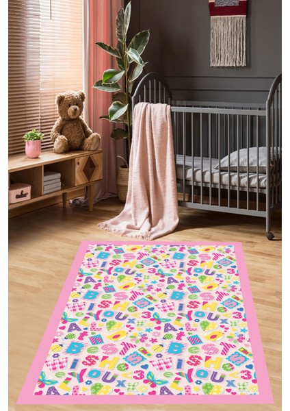 Ingilizce Kelimeler Harf Alfabe Desenli Yıkanabilir Kaymaz Taban Leke Tutmaz Çocuk Odası Halısı