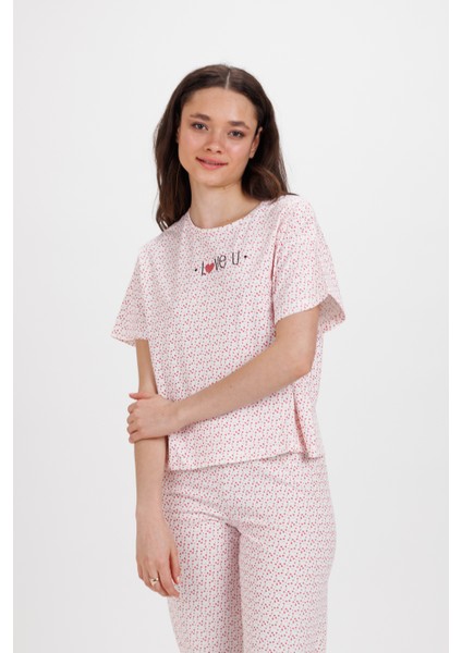 Kadın Kırmızı Küçük Kalpli Pantolon Pijama 2li Takım