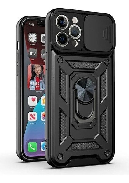 Apple iPhone 12 Pro Max Uyumlu Kızaklı Panzer Seri Arka Koruma Kılıf - Siyah