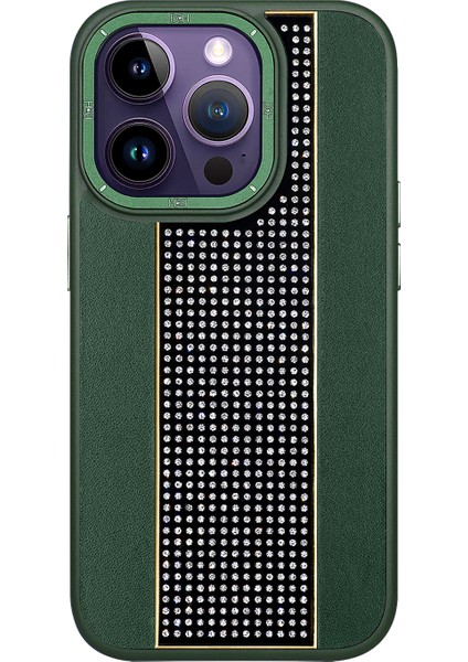Apple iPhone 13 Pro Max Uyumlu Taşlı Deri Seri Arka Koruma Kılıf - Yeşil