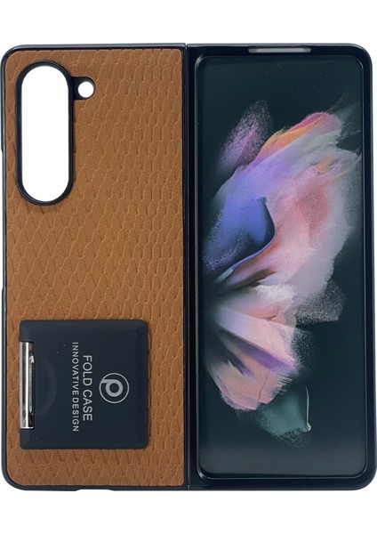 Samsung Galaxy Z Fold 5 Uyumlu Suni Deri Arka Koruma Kılıf - Kahverengi