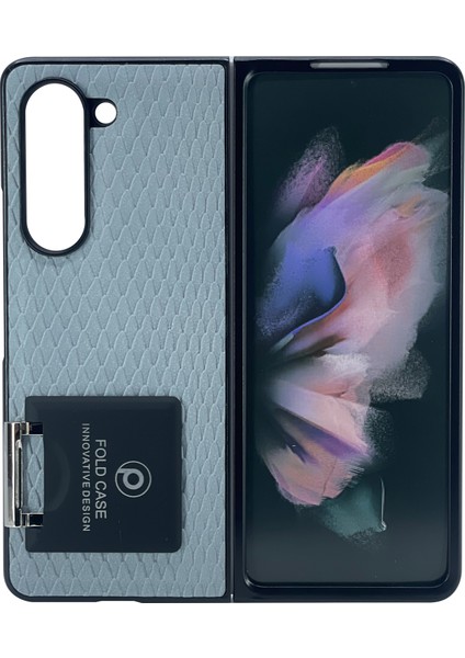 Samsung Galaxy Z Fold 4 Uyumlu Suni Deri Arka Koruma Kılıf - Mavi