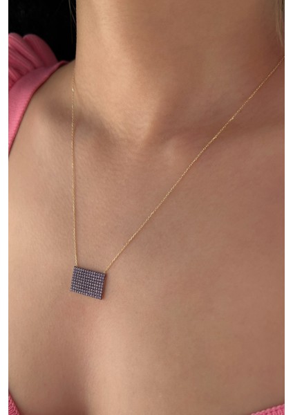 14 Ayar Altın Ametist Taşlı Dikdörtgen Kolye