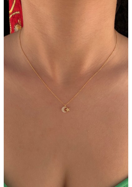 14 Ayar Altın Ay Yıldız Kolye Taşlı modelleri