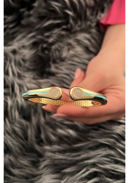 14 Ayar Altın Firuze Şerit Detaylı Taşlı Kelepçe fiyatları