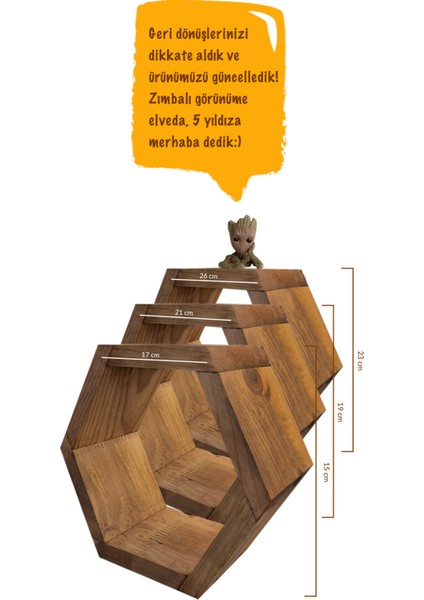 9 cm Ahşap Altıgen(Petek) Duvar Rafı 3’lü Kahverengi 26 cm Ahşap