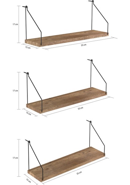 Suntalam Duvar Rafı Kitaplık Mutfak Banyo Yaşam Alanı 3 'lü Set 15 x 55 cm . Kahverengi Iskandinav