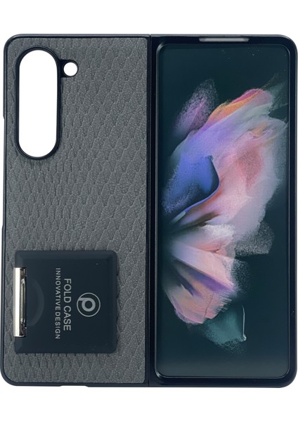 Samsung Galaxy Z Fold 4 Uyumlu Suni Deri Arka Koruma Kılıf - Gri