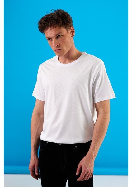 Erkek Ken Beyaz Bisiklet Yaka Regular Fit Basic Tişört