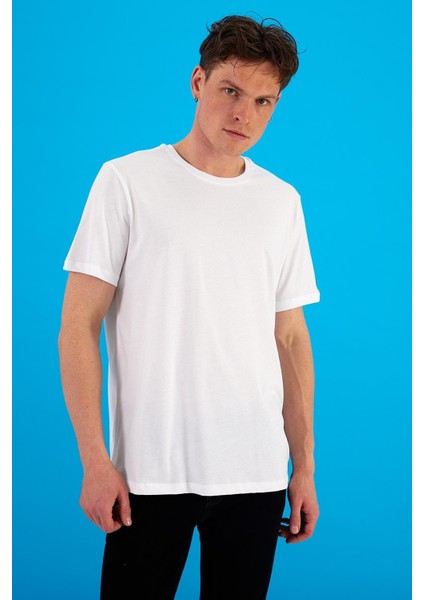 Erkek Ken Beyaz Bisiklet Yaka Regular Fit Basic Tişört