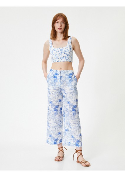 Çiçekli Culotte Pantolon Bol Paça Cepli Normal Bel