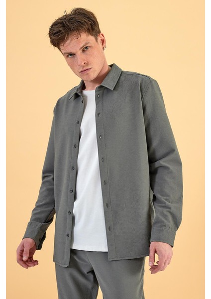 Erkek Nicolas Haki Regular Fit Gofre Gömlek