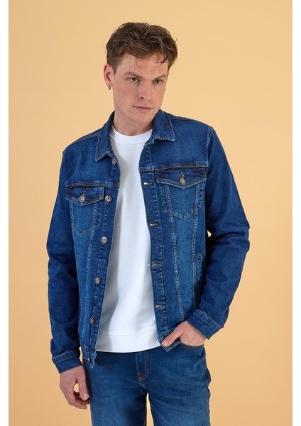 Erkek Antonio Dark Blue Slim Fit Jean Ceket