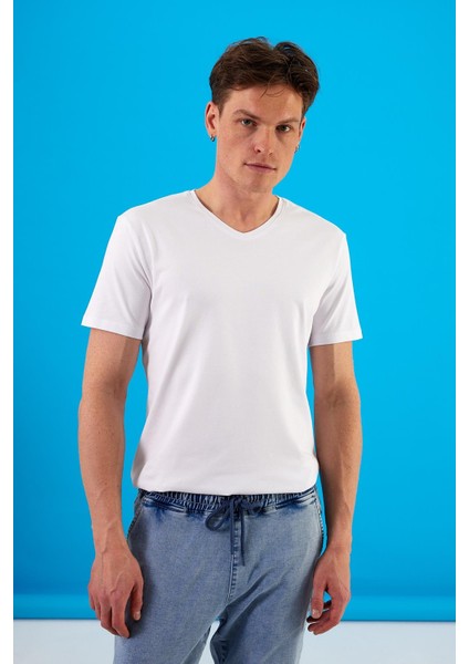 Erkek Nick Beyaz V Yaka Slim Fit Basic Tişört fiyatları